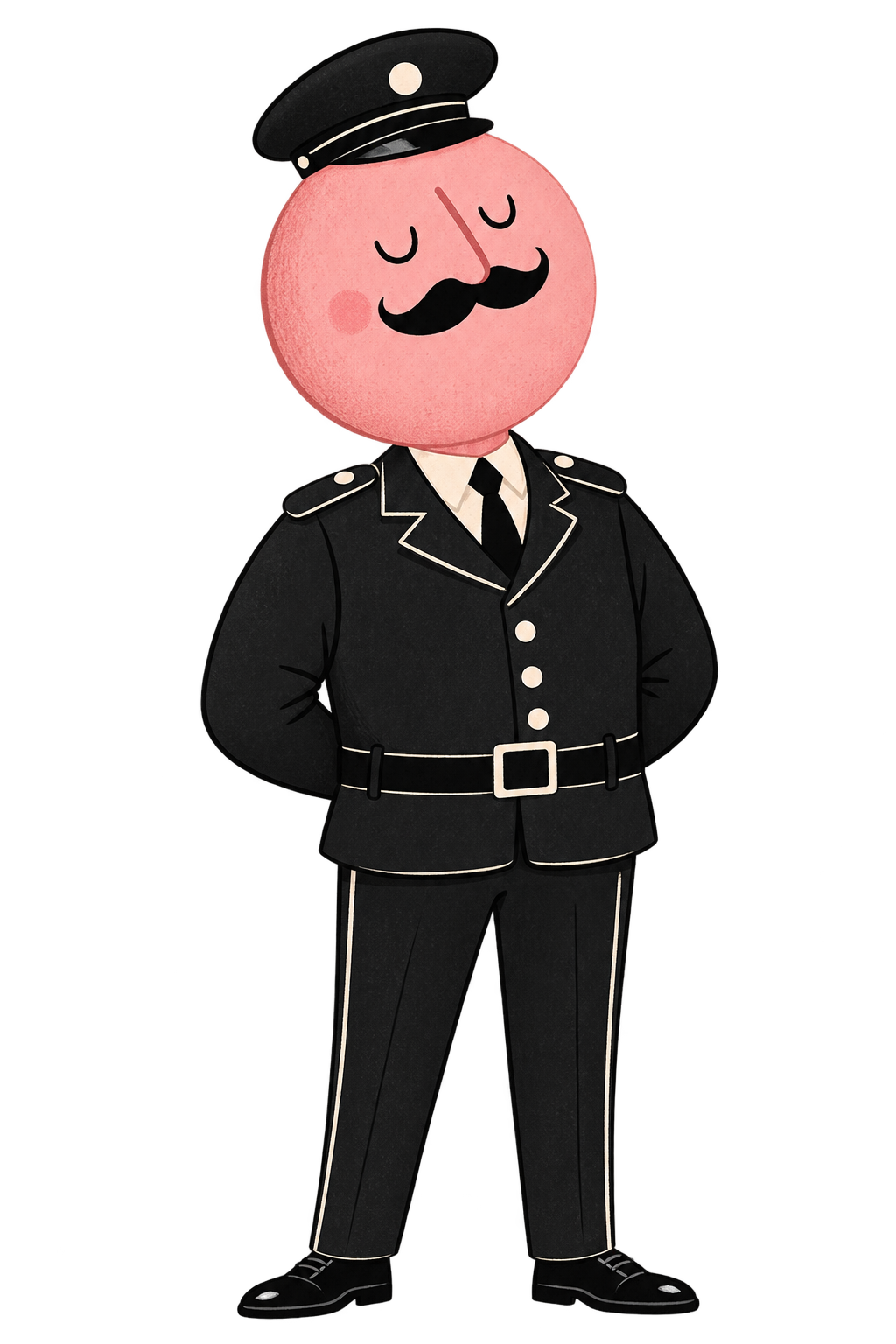 Jim the inner critic - a policeman character with a pink balloon head, from Thank You Jim by Dr Katie Ford